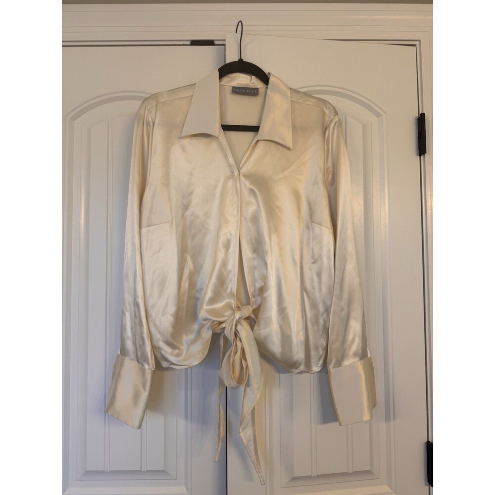 New, Vintage Kate Hill, 100 Percent Silk Blouse, Brown, Tie Front.